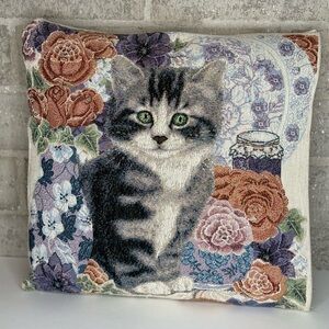 Anne Mortimer Tapestry Kitten Cat Pillow Cover Floral Roses Cottagecore 15x16